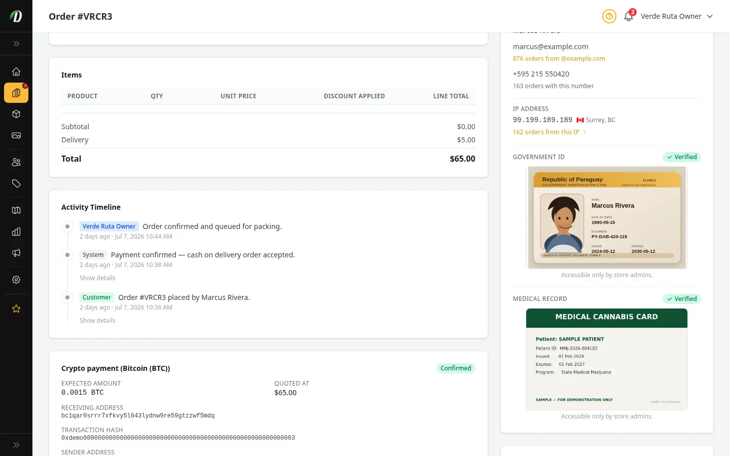 Detalle de pedido de DabDash mostrando un pago en cripto confirmado con la red, el importe, la dirección de recepción y el hash de la transacción