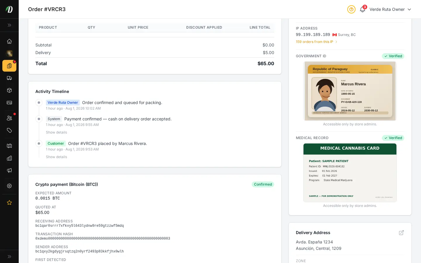 Detalle de pedido de DabDash mostrando un pago en cripto confirmado con la red, el importe, la dirección de recepción y el hash de la transacción