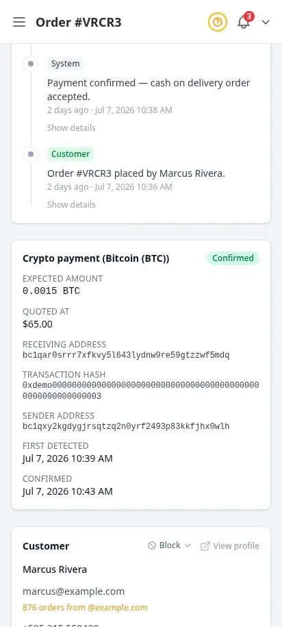 Detalle de pedido de DabDash mostrando un pago en cripto confirmado con la red, el importe, la dirección de recepción y el hash de la transacción — vista móvil