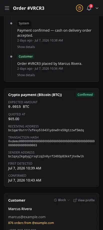 Detalle de pedido de DabDash mostrando un pago en cripto confirmado con la red, el importe, la dirección de recepción y el hash de la transacción — vista móvil
