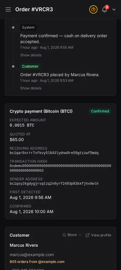Detalle de pedido de DabDash mostrando un pago en cripto confirmado con la red, el importe, la dirección de recepción y el hash de la transacción — vista móvil