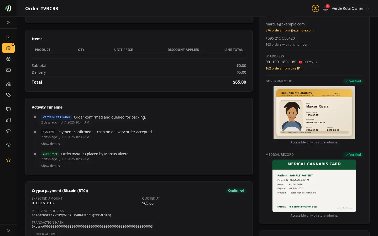 Detalle de pedido de DabDash mostrando un pago en cripto confirmado con la red, el importe, la dirección de recepción y el hash de la transacción