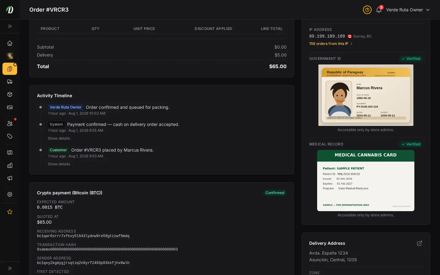 Detalle de pedido de DabDash mostrando un pago en cripto confirmado con la red, el importe, la dirección de recepción y el hash de la transacción