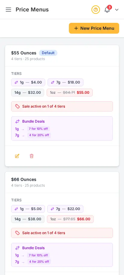Página de menús de precios de DabDash mostrando menús guardados con niveles por peso, productos adjuntos y estado activo — vista móvil