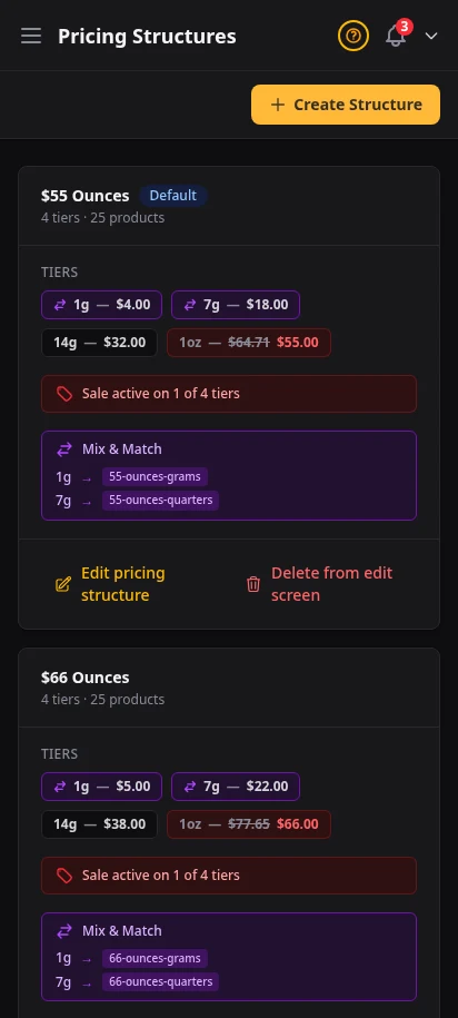 DabDash pricing structures page showing saved pricing plans, weights, and active tags — mobile view