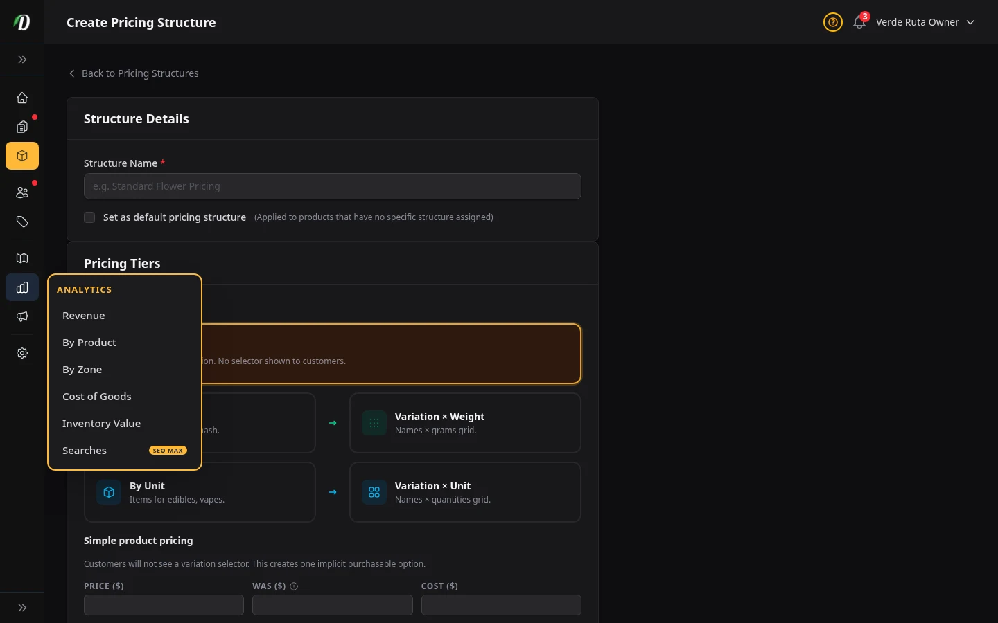 DabDash pricing structure form showing discount setup, weight rules, and mix and match options