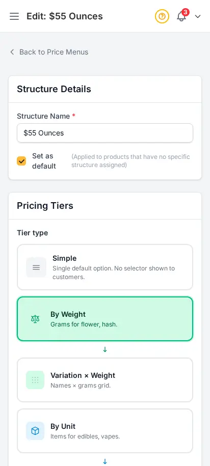 Editor de menú de precios de DabDash mostrando niveles por peso, precios, costos y lista de productos adjuntos — vista móvil