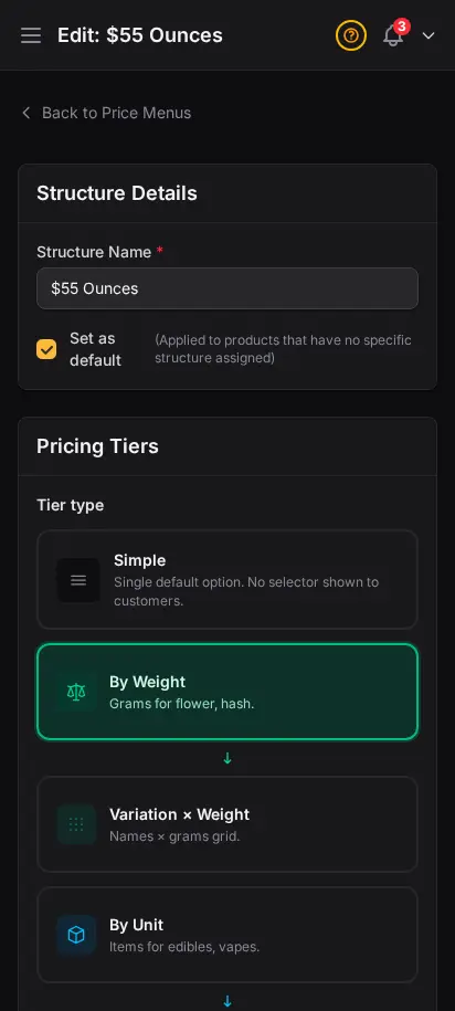 Editor de menú de precios de DabDash mostrando niveles por peso, precios, costos y lista de productos adjuntos — vista móvil