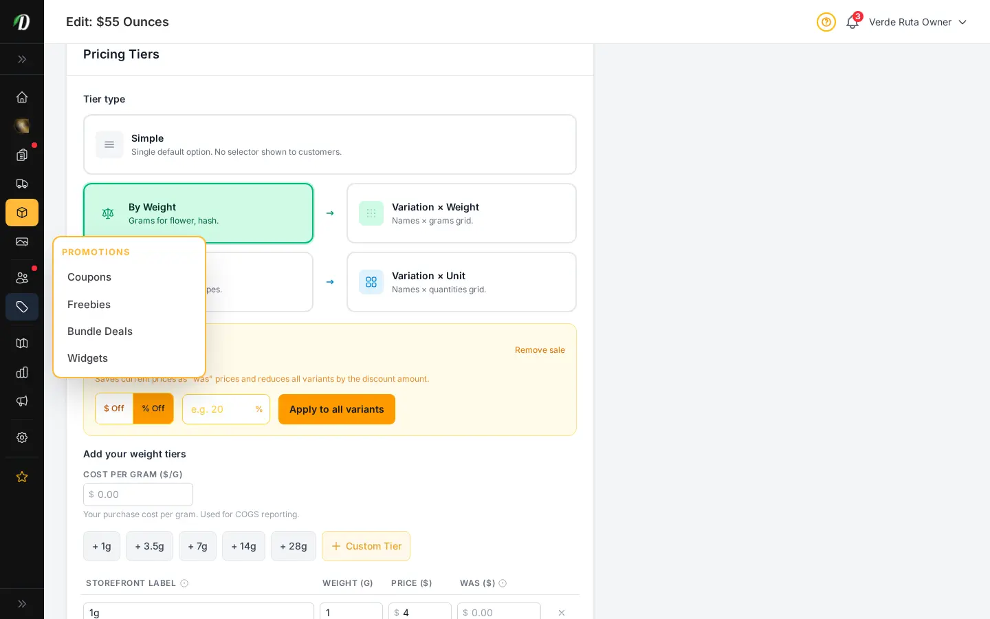 Formulario de menú de precios por peso de DabDash mostrando niveles de gramos con precios, costos y etiquetas editables
