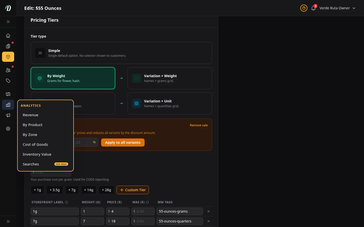 DabDash weight pricing form showing gram tiers, prices, costs, and pricing labels