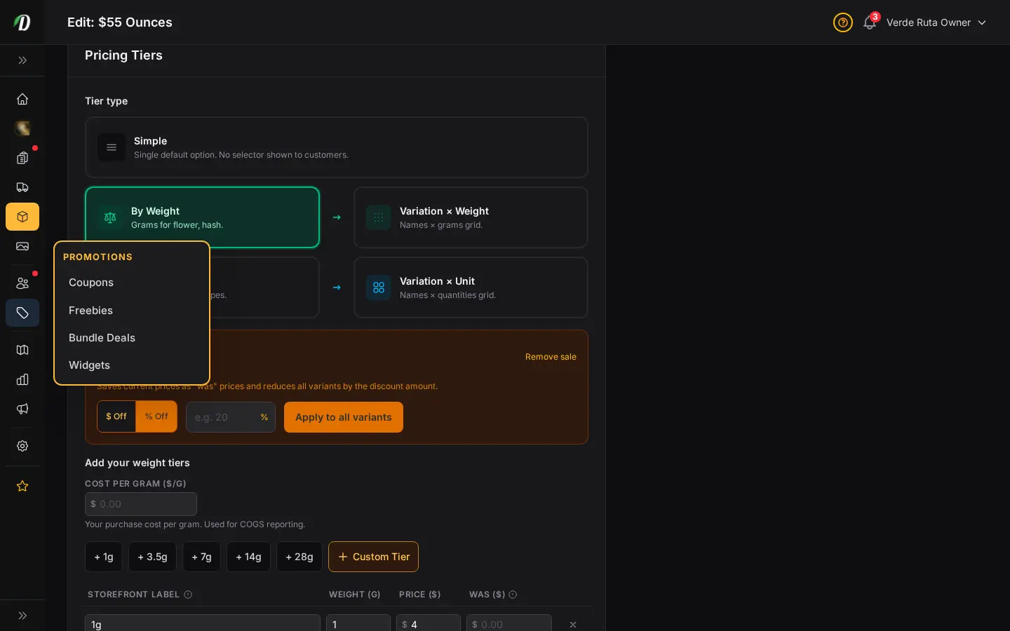Formulario de menú de precios por peso de DabDash mostrando niveles de gramos con precios, costos y etiquetas editables