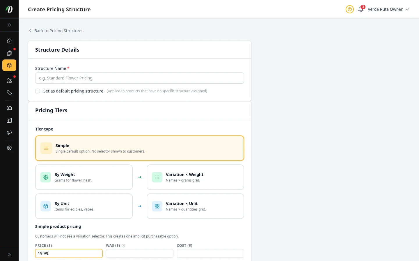 Configuración de precios Simple con una opción de unidad implícita