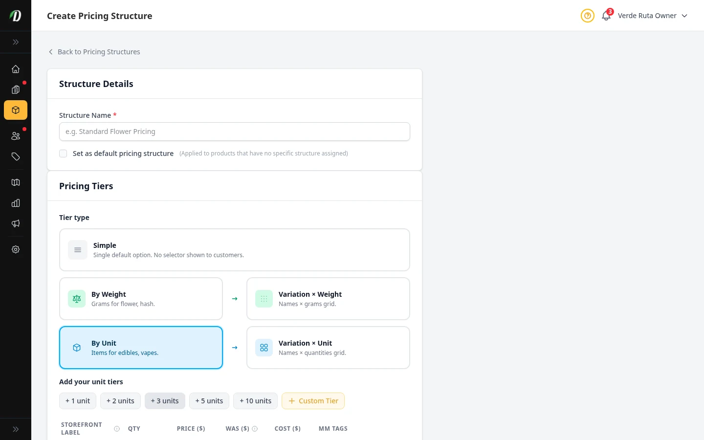 Configuración de precios de Unidad con niveles de cantidad de unidades