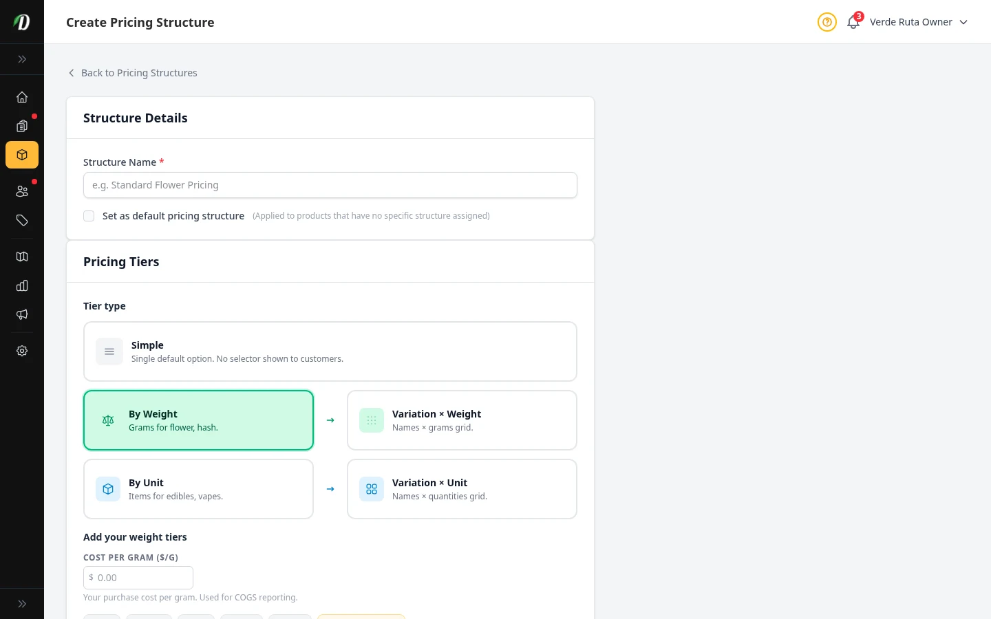 Configuración de precios de Peso con niveles de gramos
