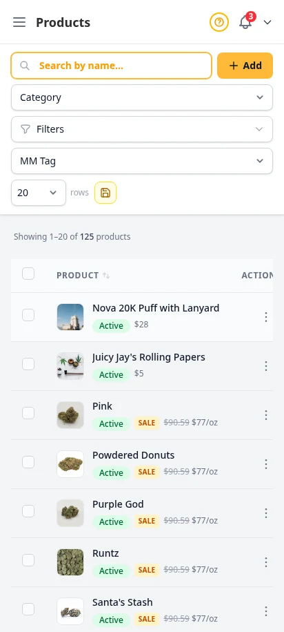 DabDash products page showing a rich product catalog with images, strain types, prices, and active status — mobile view