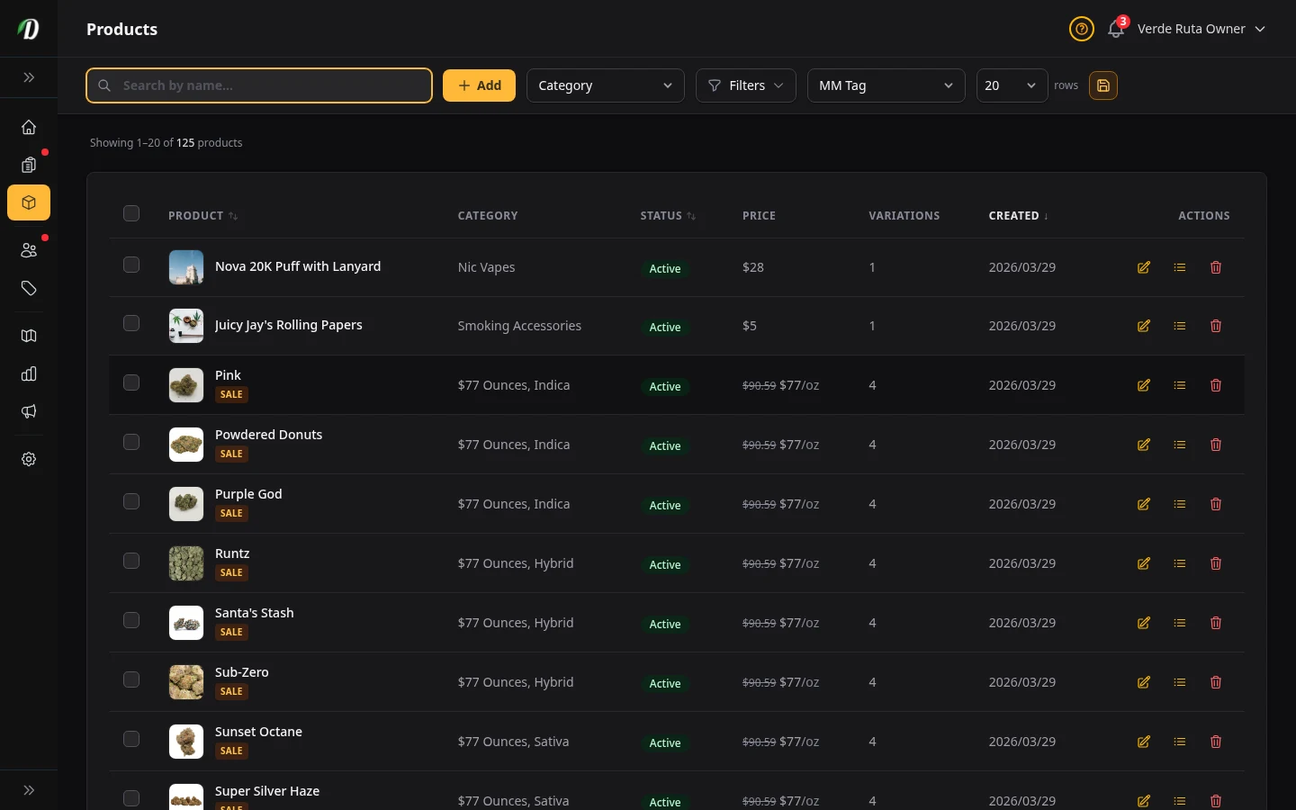 DabDash products page showing a rich product catalog with images, strain types, prices, and active status