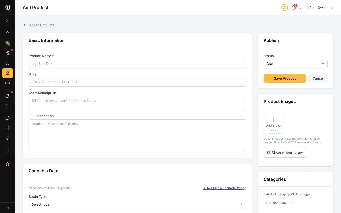 Página de añadir producto de DabDash mostrando detalles del producto, categorías, precios y controles de publicación