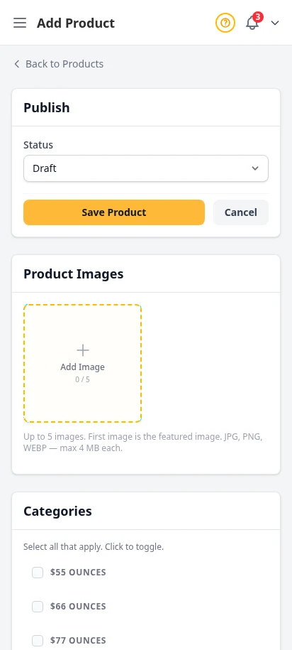 DabDash add product page showing product details, categories, pricing, and publish controls — mobile view
