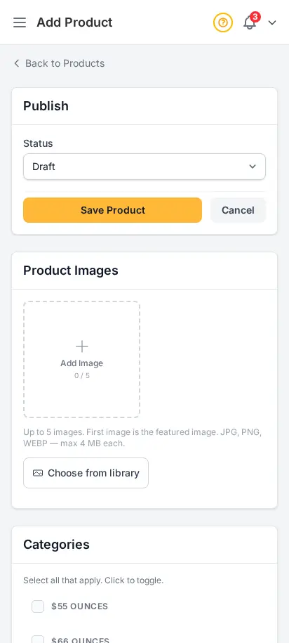 Página de añadir producto de DabDash mostrando detalles del producto, categorías, precios y controles de publicación — vista móvil