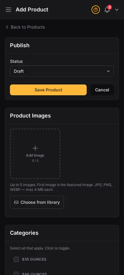 Página de añadir producto de DabDash mostrando detalles del producto, categorías, precios y controles de publicación — vista móvil