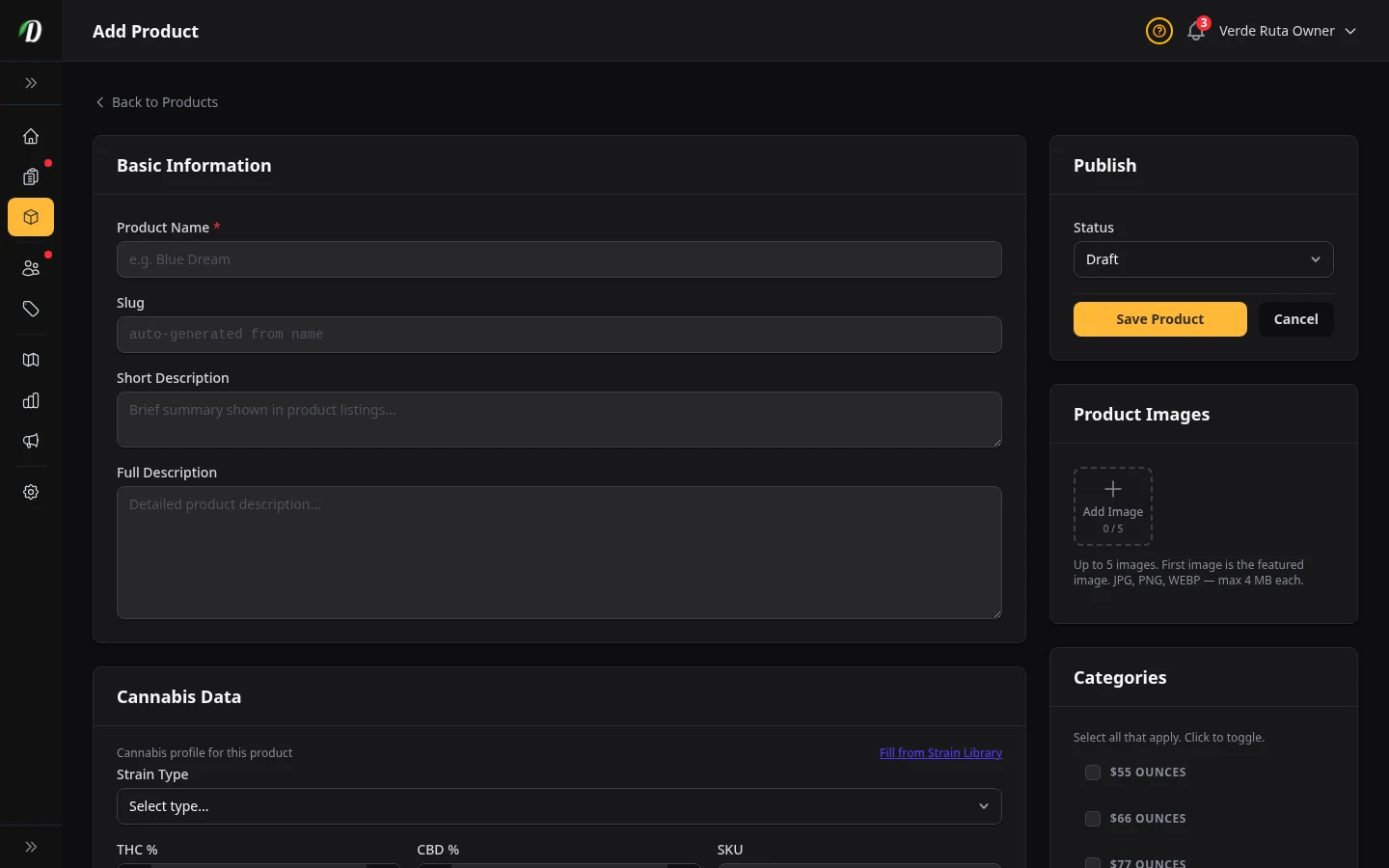 DabDash add product page showing product details, categories, pricing, and publish controls