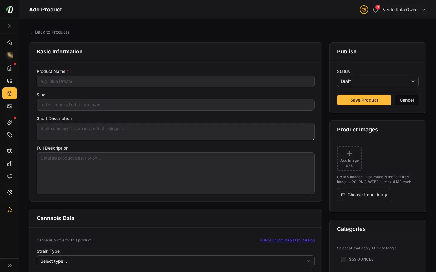 Página de añadir producto de DabDash mostrando detalles del producto, categorías, precios y controles de publicación