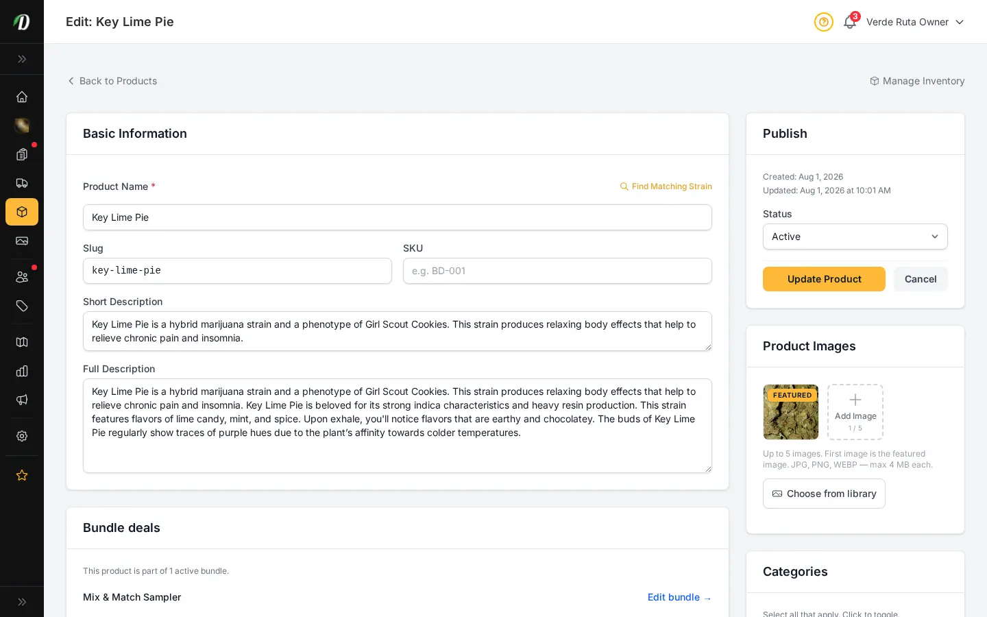 Editor de productos de DabDash mostrando imágenes subidas, categorías y un producto listo para publicar