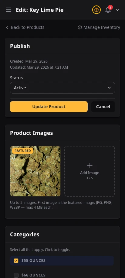 DabDash product editor showing uploaded images, categories, and a product ready to publish — mobile view