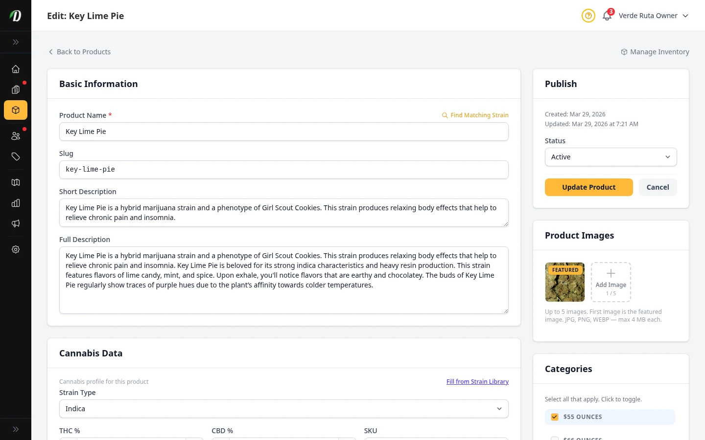 DabDash product editor showing multiple saved variations with pricing and inventory fields
