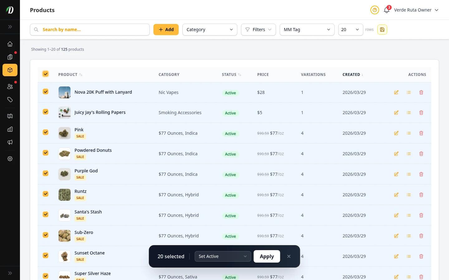 DabDash product list showing bulk selection controls for activating, archiving, and editing many items at once
