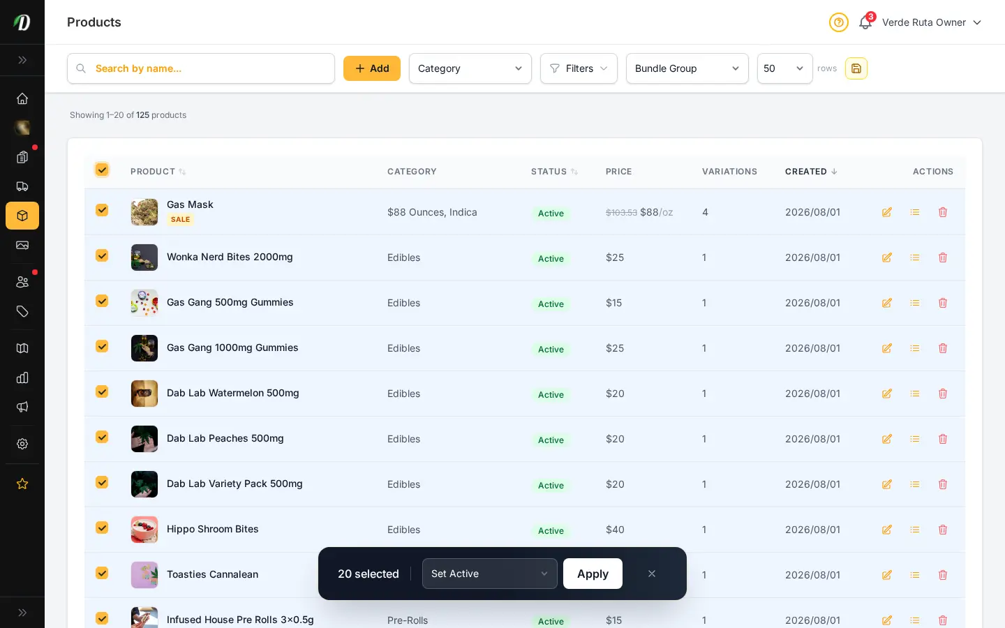 Lista de productos de DabDash mostrando controles de selección masiva para activar, archivar y editar muchos artículos a la vez