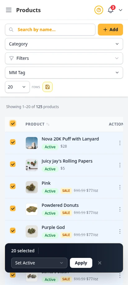 DabDash product list showing bulk selection controls for activating, archiving, and editing many items at once — mobile view