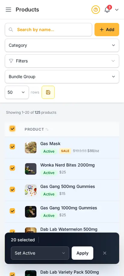 Lista de productos de DabDash mostrando controles de selección masiva para activar, archivar y editar muchos artículos a la vez — vista móvil