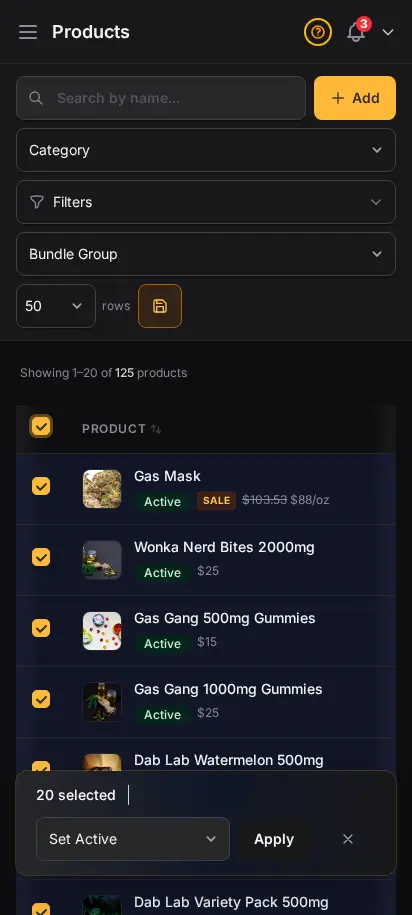 Lista de productos de DabDash mostrando controles de selección masiva para activar, archivar y editar muchos artículos a la vez — vista móvil