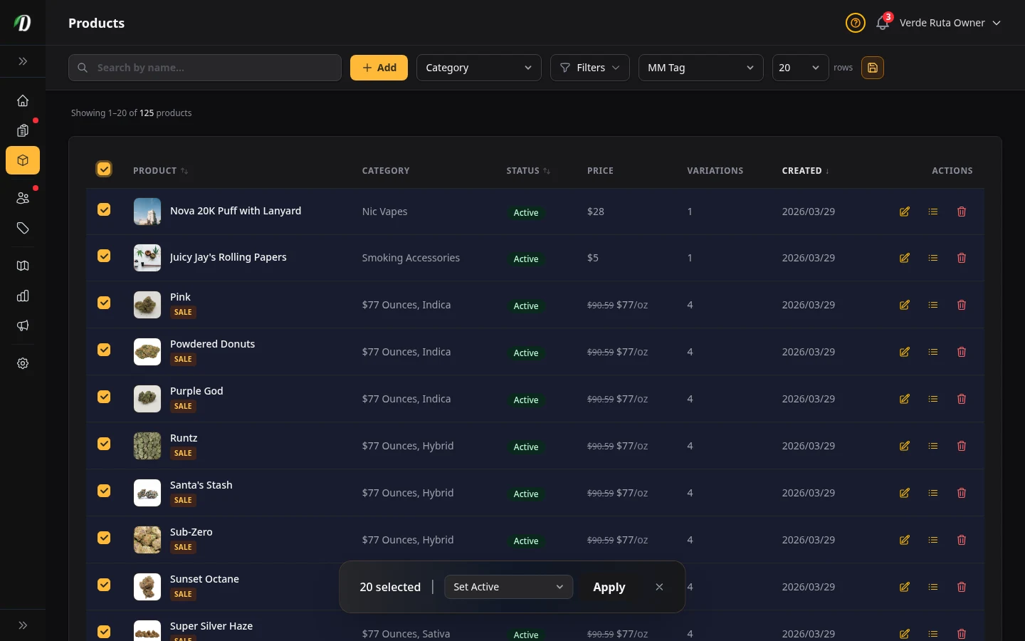 DabDash product list showing bulk selection controls for activating, archiving, and editing many items at once