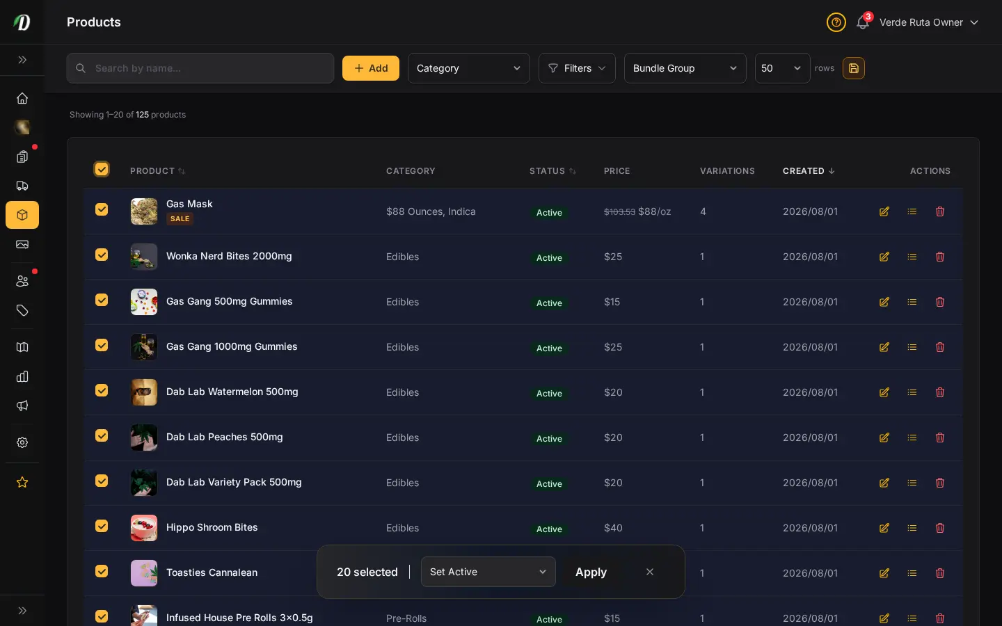 Lista de productos de DabDash mostrando controles de selección masiva para activar, archivar y editar muchos artículos a la vez