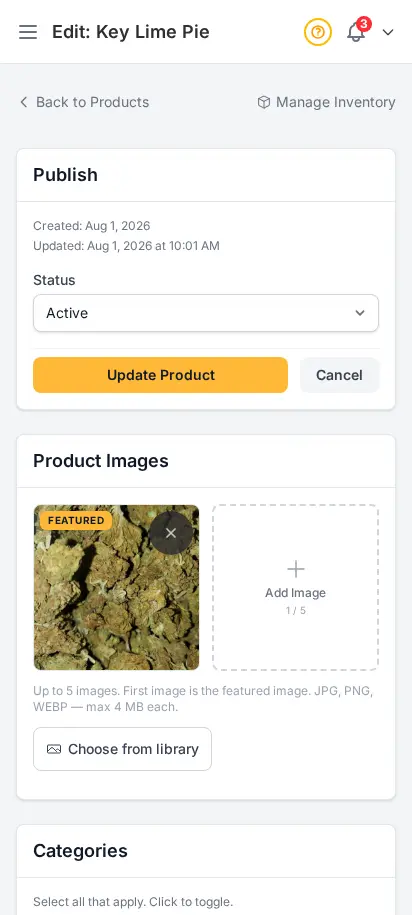 Editor de productos de DabDash mostrando una estructura de precios vinculada a variaciones de producto guardadas — vista móvil
