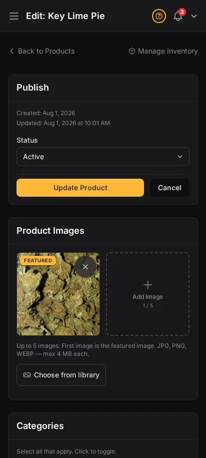 Editor de productos de DabDash mostrando una estructura de precios vinculada a variaciones de producto guardadas — vista móvil