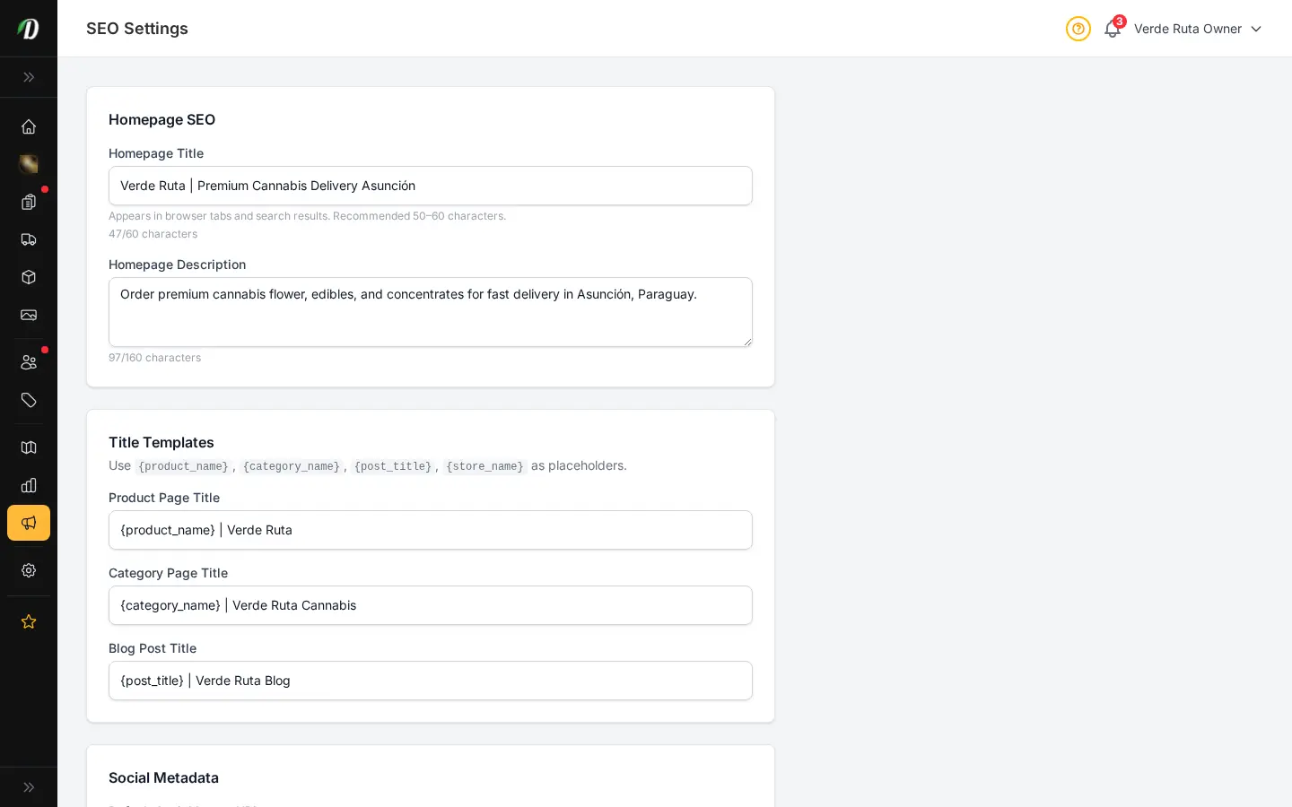 Configuración SEO de DabDash mostrando meta título, descripción e imagen de redes sociales completados