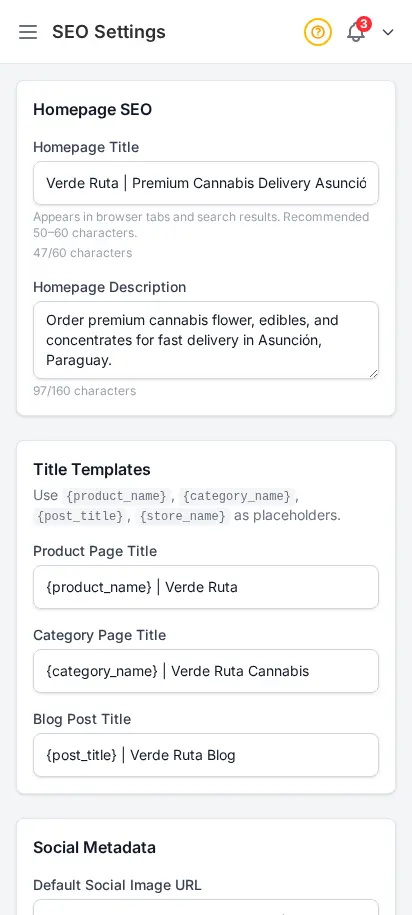 Configuración SEO de DabDash mostrando meta título, descripción e imagen de redes sociales completados