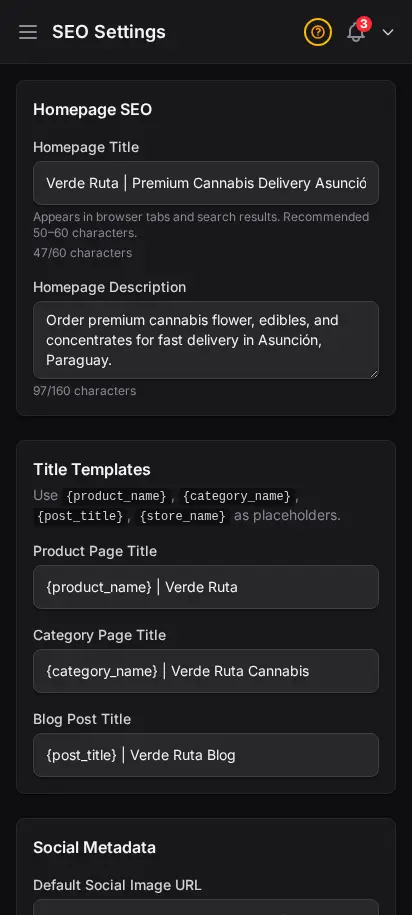 Configuración SEO de DabDash mostrando meta título, descripción e imagen de redes sociales completados