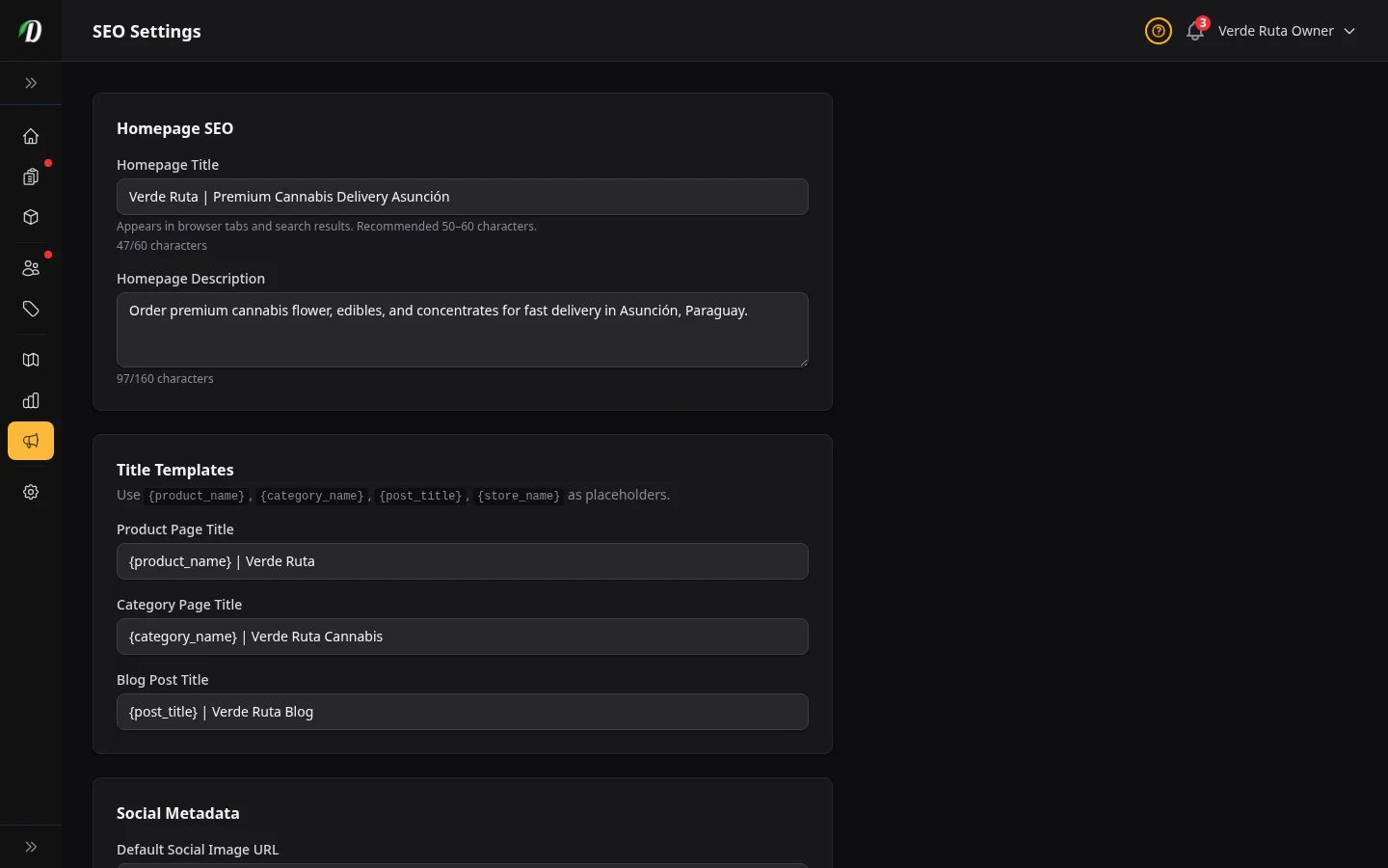 DabDash SEO settings showing filled in meta title, description, and share image fields