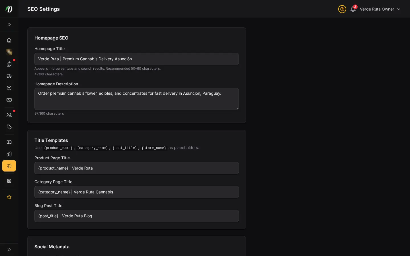 Configuración SEO de DabDash mostrando meta título, descripción e imagen de redes sociales completados