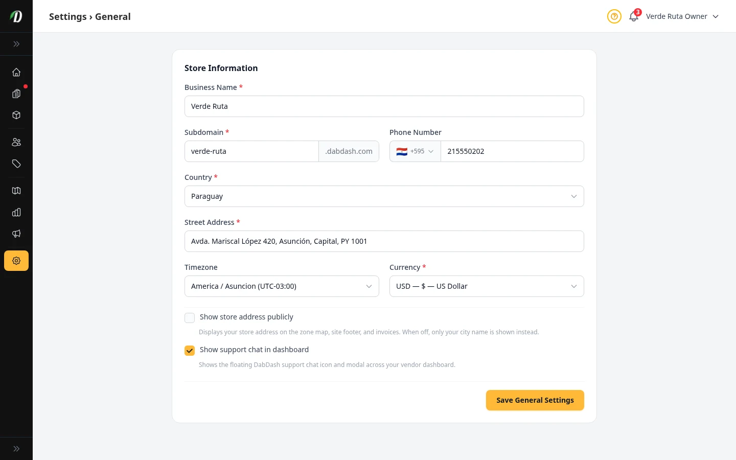 DabDash general settings showing business name, address, phone, and core store details