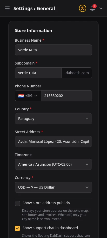 DabDash general settings showing business name, address, phone, and core store details