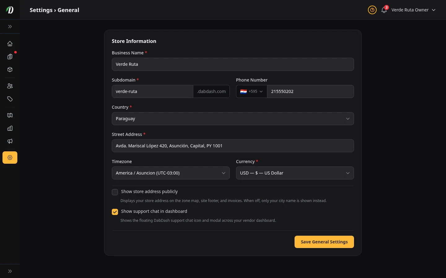 DabDash general settings showing business name, address, phone, and core store details