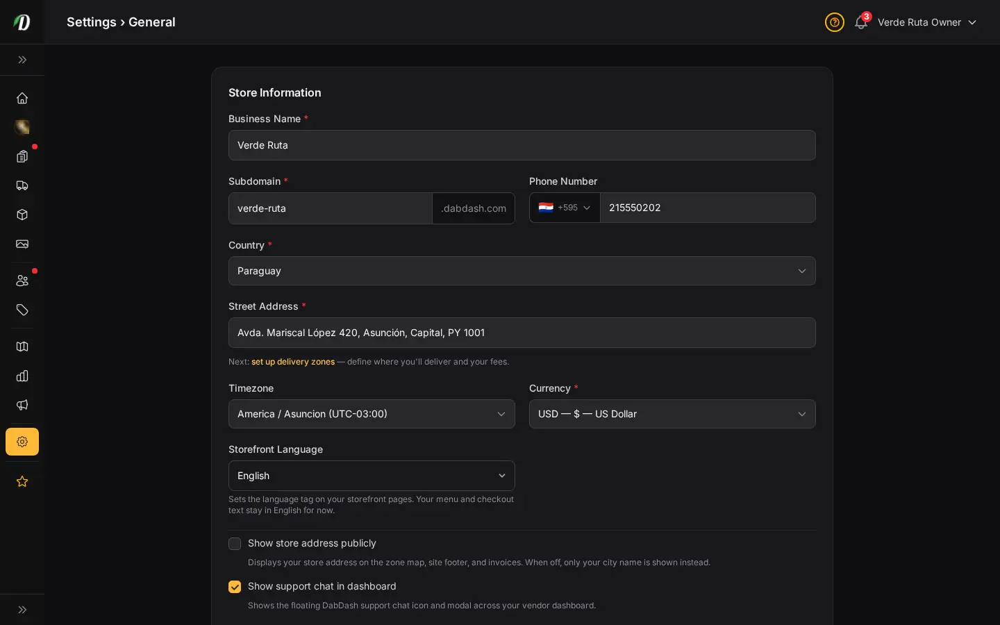 Configuración general de DabDash mostrando nombre del negocio, dirección, teléfono y detalles principales de la tienda