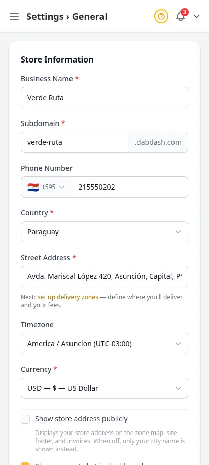 Configuración de verificación de edad y legal de DabDash mostrando controles de cumplimiento e información requerida de la tienda