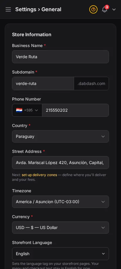 Configuración de verificación de edad y legal de DabDash mostrando controles de cumplimiento e información requerida de la tienda