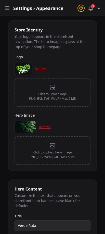 DabDash appearance settings showing logo upload, colors, font, and theme controls